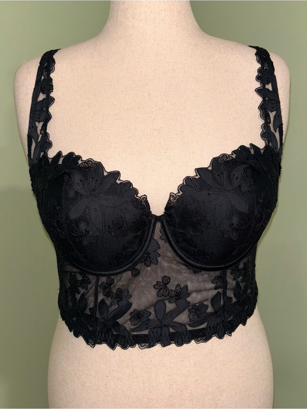 NWT Victoria’s Secret Very Sexy Black Floral Lace Bustier Top Sheer Women’s 36DD
